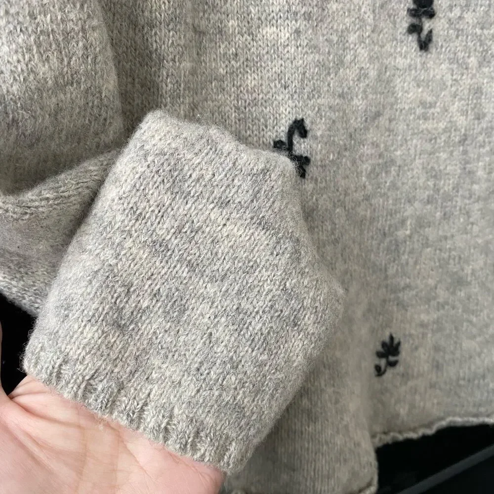 Lluis Gray Embroiled 100% Lambswool Sweater, Size XS-S